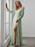 Gentle Split Low Back Thigh Slit Long Sleeve Wedding Guest Dress