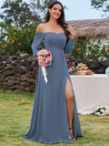 Long Sleeve Chiffon Off Shoulder Dresses with High Slit in Dusty Blue