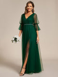 3/4 Sleeve Deep V-Neck Tulle Dress with Chain Waist Detail in Dark Green