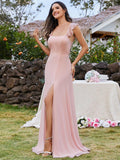Bow-Tie Back High Slit U-Neck Maxi Dress in Pink