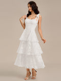 Floral Tie-Strap Bustier Tiered Midi Wedding Dress