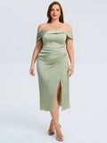 Plus Size Slit Satin Wedding Guest Dress