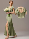 Designer Satin Square Neck Short Sleeve Ruffled Maxi Bridesmaid Dress With Pockets