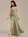 Designer Spaghetti Straps Side Slit Mermaid Satin Evening Dress