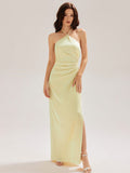 Halter Satin Bridesmaid Dress with Drape Flower