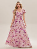 V-Neck Ruffle Sleeve Floral Bridesmaid Dress