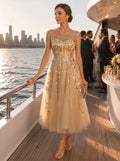 Sequin A-Line Tea Length Dress with Cap Sleeves