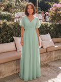Chiffon Pleated V-Neck Flutter Sleeve Maxi Bridesmaid Dress