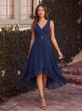 Sleeveless Chiffon High-Low Wedding Guest Dress with Waist Applique