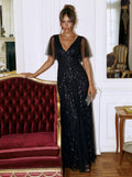 Stunning V Neck Long Wedding Guest Dress with Ruffle Sleeves