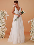 Sleeveless Deep V Low Back Long Wedding Dress