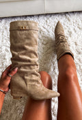 It's Our Secret Taupe Faux Suede Fold Over Maxi Lock Shark Boot