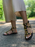 Monaco Gold Studded Sandals, Black