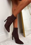 Step Out Brown Faux Suede Stiletto Ankle Boots