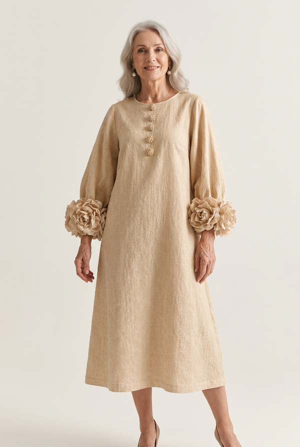 Maureen Beige Flower-Cuff Midi Dress