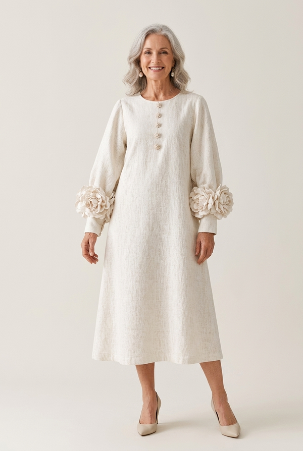 Judith White Flower-Cuff Midi Dress