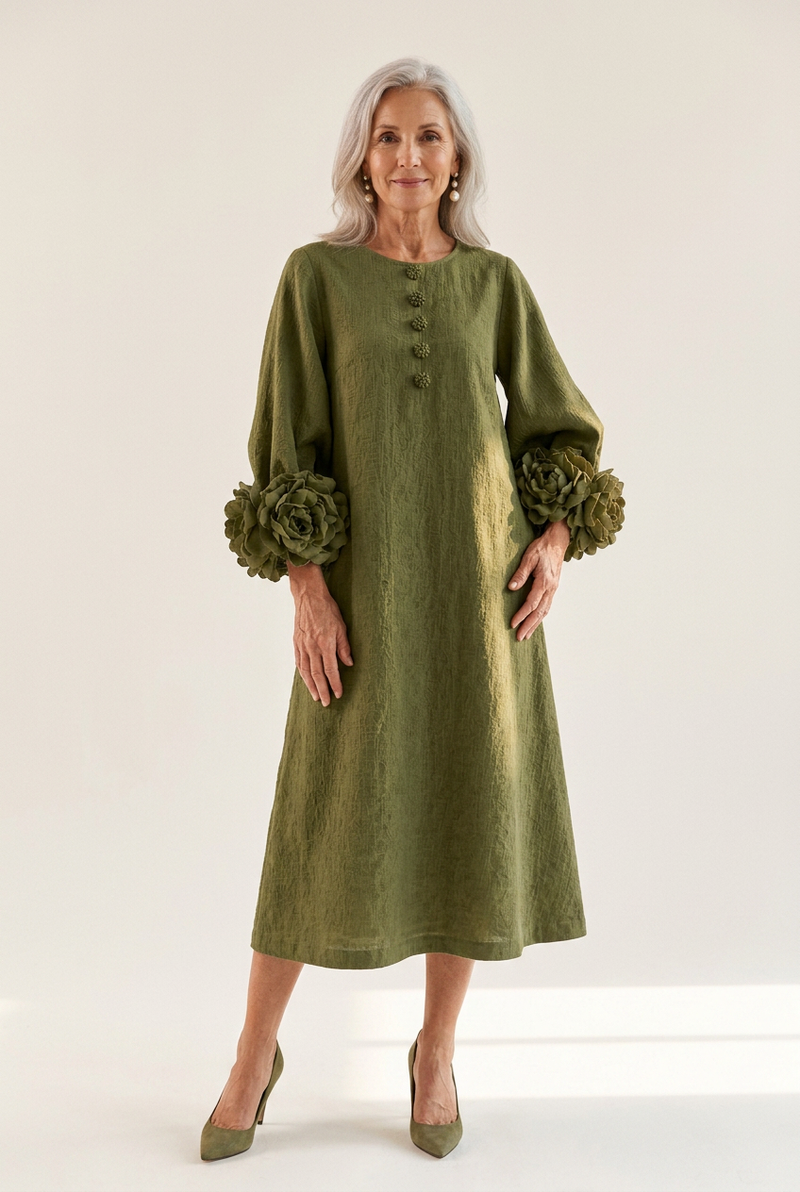 Gwen Olive Flower-Cuff Midi Dress