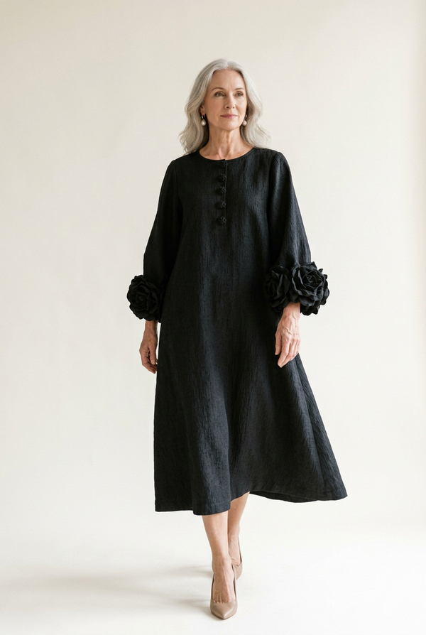 Elsie Black Flower-Cuff Midi Dress