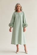 Bonnie Sage Flower-Cuff Midi Dress