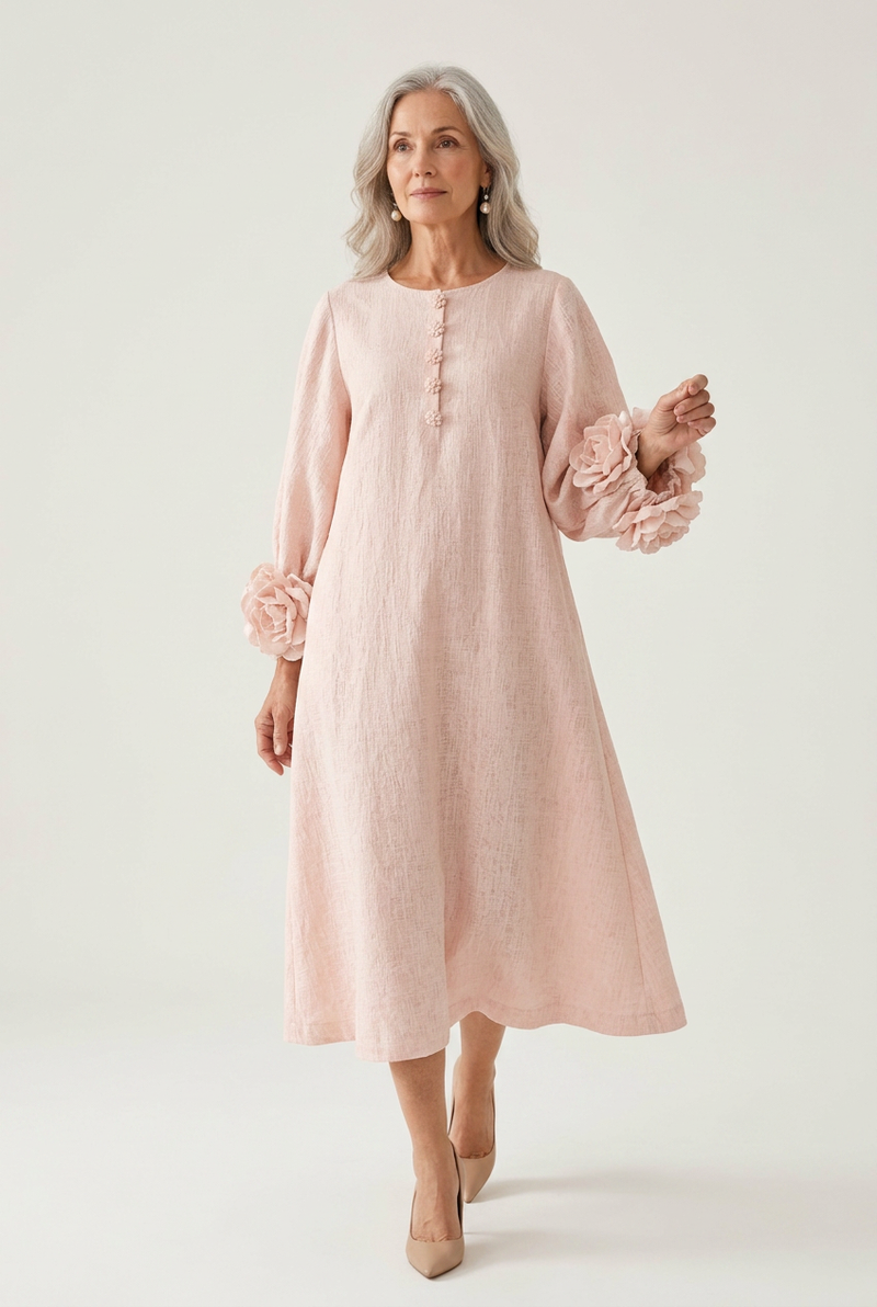 Nancy Pink Flower-Cuff Midi Dress