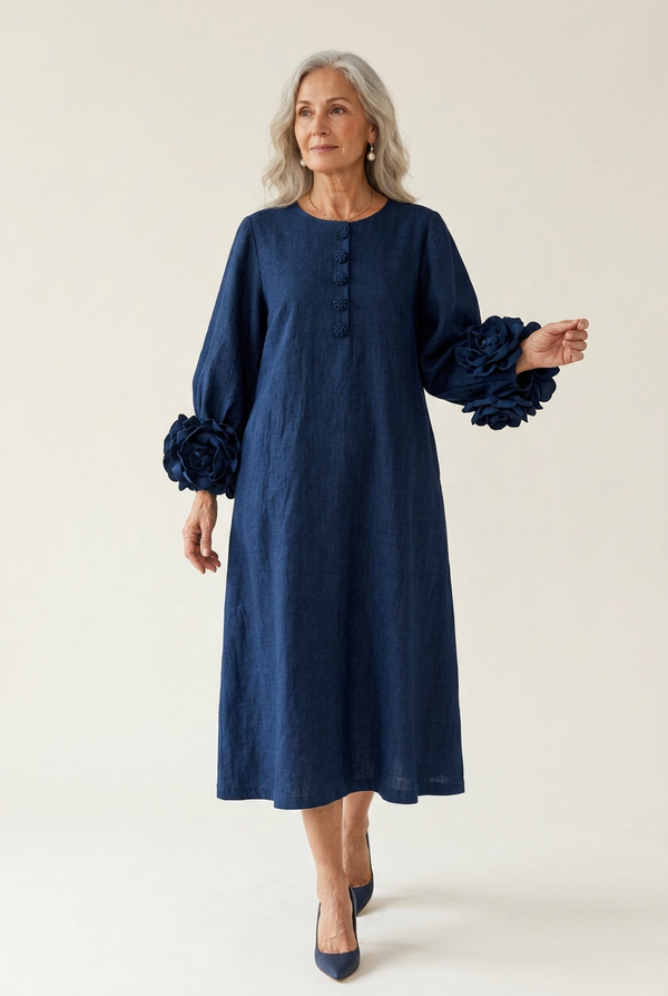 Barbara Navy Flower-Cuff Midi Dress