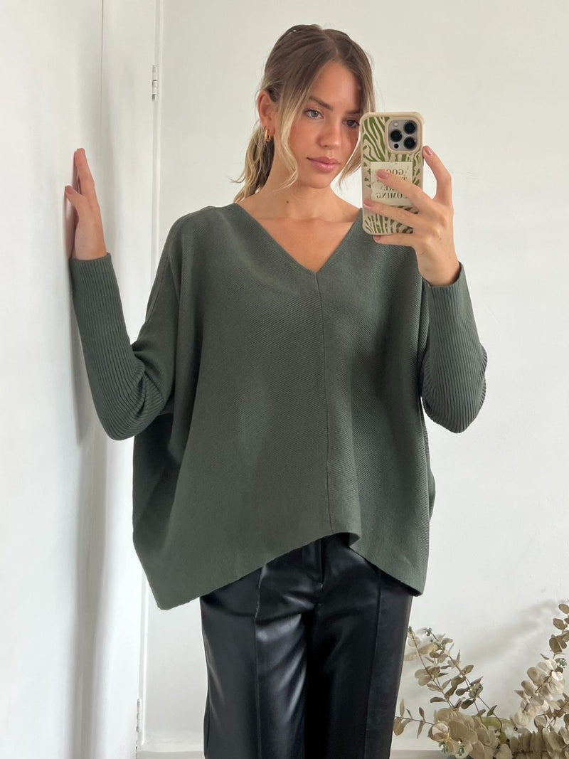 Ella Oversized knitted V Neck Jumper, Khaki