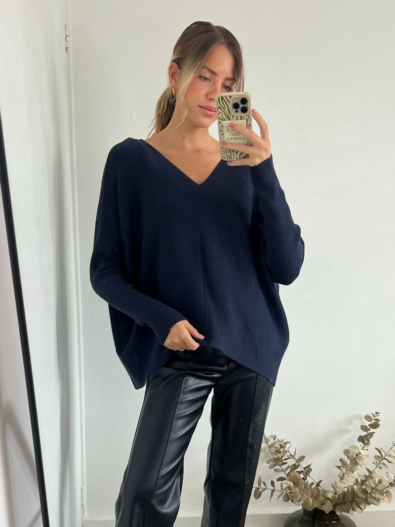 Ella Oversized knitted V Neck Jumper, Navy