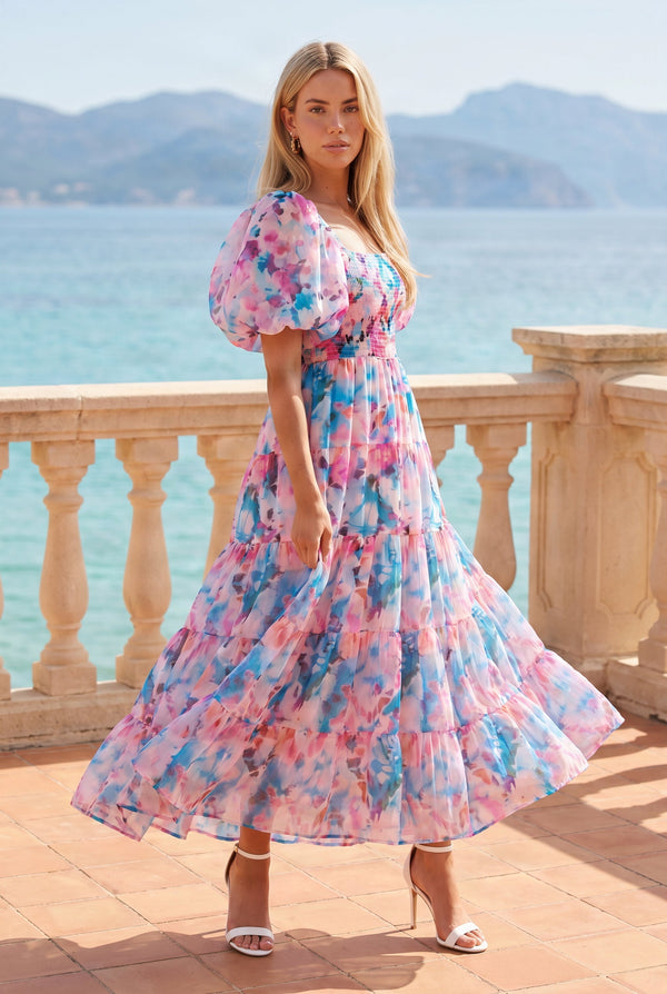 Square Neck Puff Sleeve Midi Dress