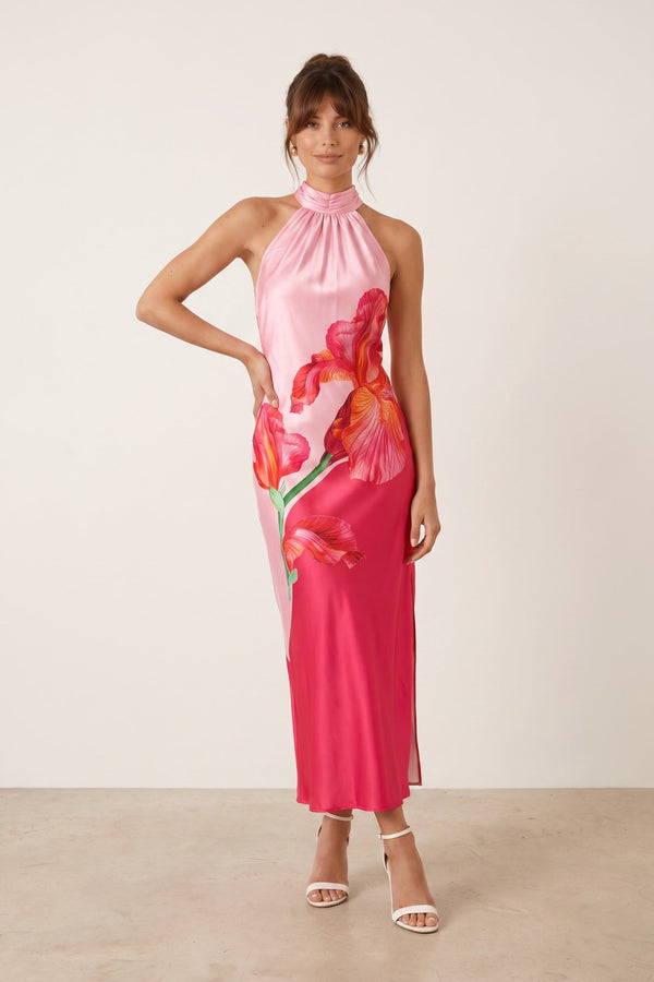 Sienna Satin Halter Placement Print Dress