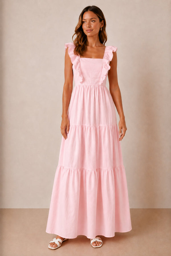 Mollie Cotton Ruffle Tiered Midi Dress, Pink