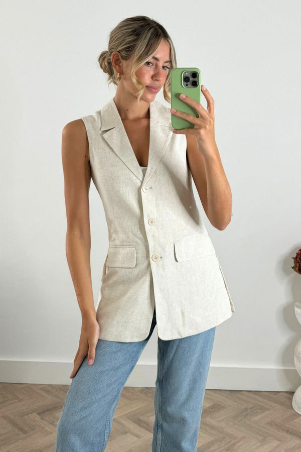 Claire Sleeveless Blazer, Neutral Linen
