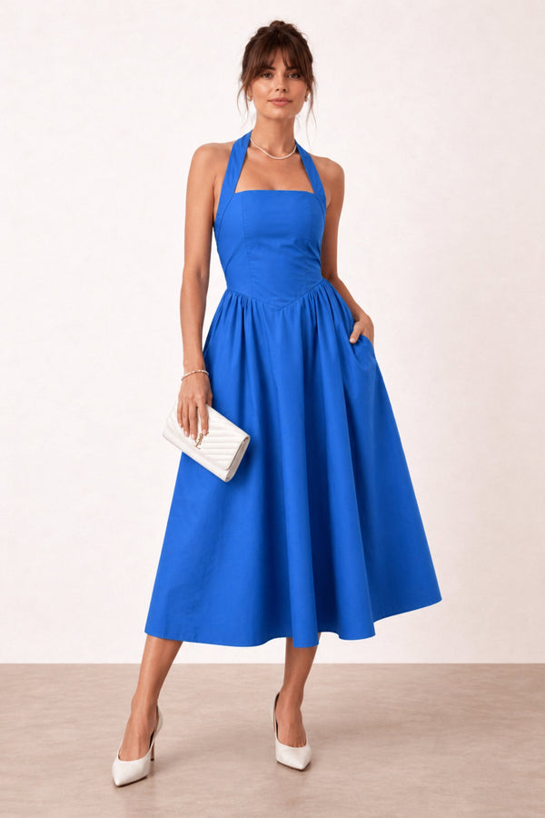 Elsie Cotton Halter Midi fit and Flare Dress