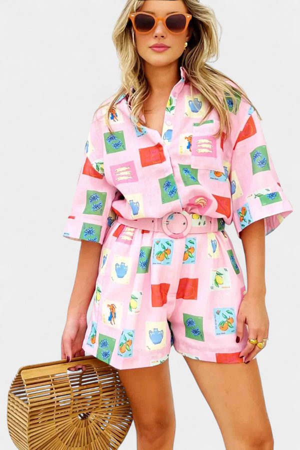 Mariluz Pink Print Shirt and Shorts Co-ord Set