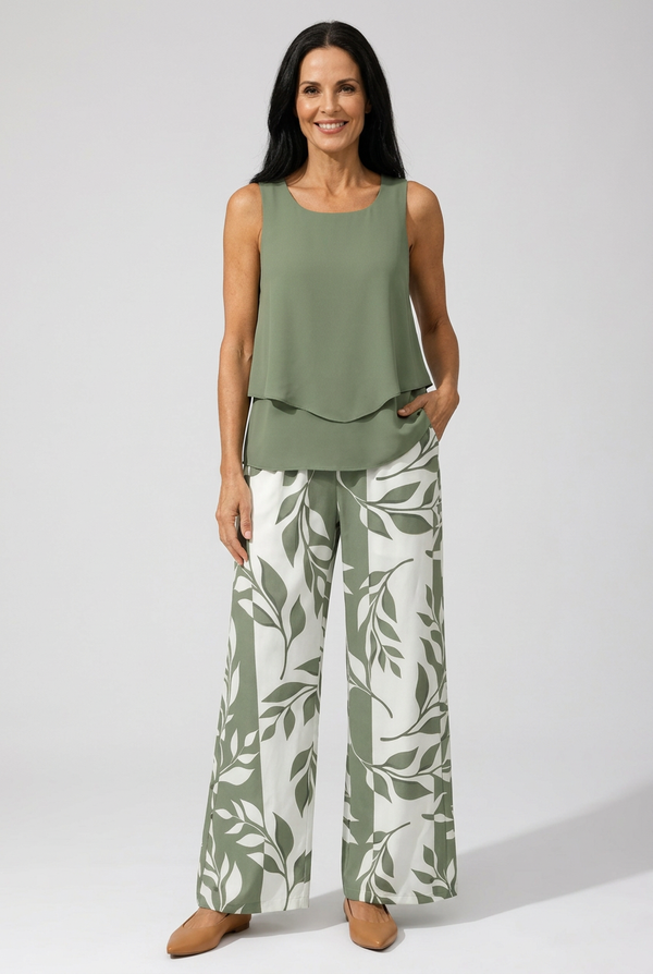 Petronila Sage Green Blouse and Botanical Trouser Set