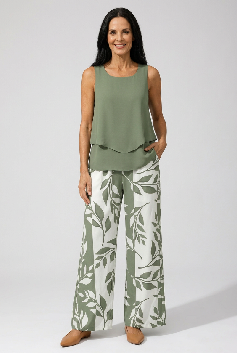 Petronila Sage Green Blouse and Botanical Trouser Set