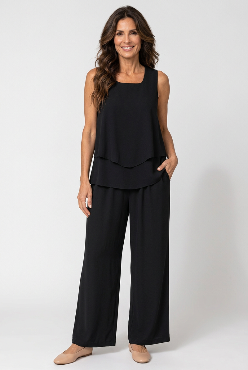 Eloísa Black Layered Top and Wide-Leg Trouser Set