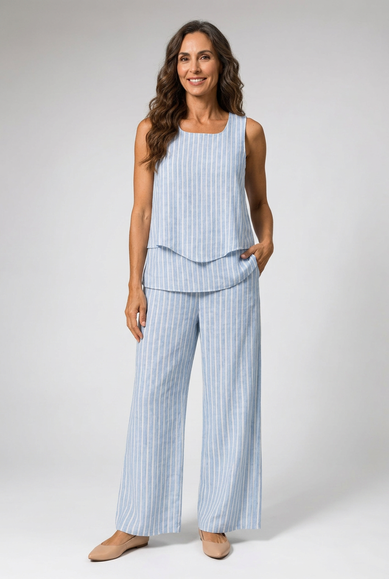 Nicolasa Blue Striped Top and Wide-Leg Trouser Set