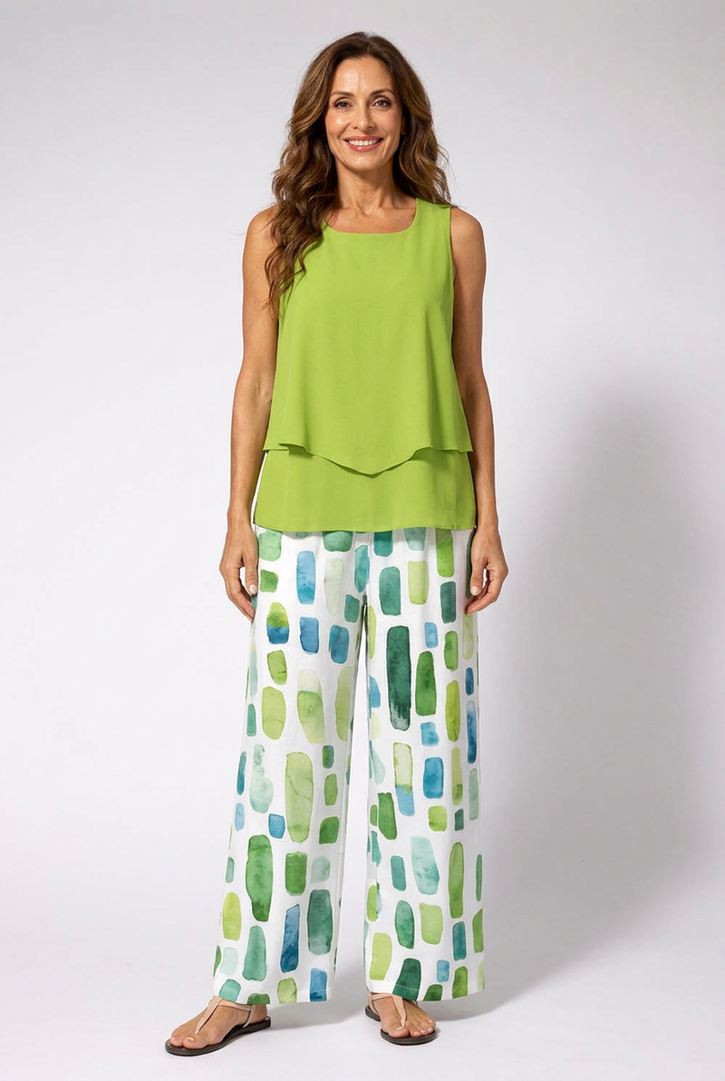 Sabina Green Top & Geometric Print Trouser Set