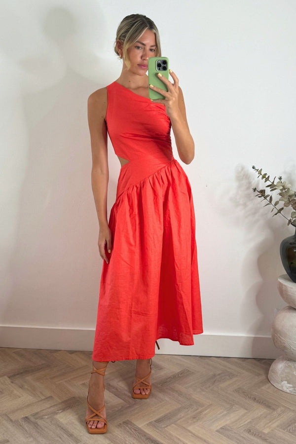 Jasmine Cut Out One Shoulder Dress in Coral
