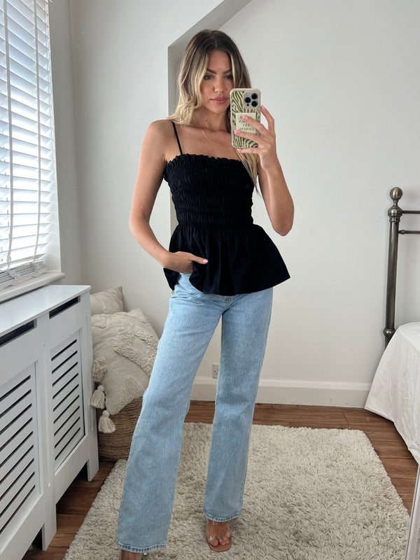Ava Shirred Bandeau Peplum Top, Black