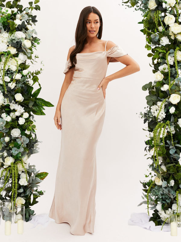 Cowl Neck Maxi Satin Bridesmaid Dress, Champagne