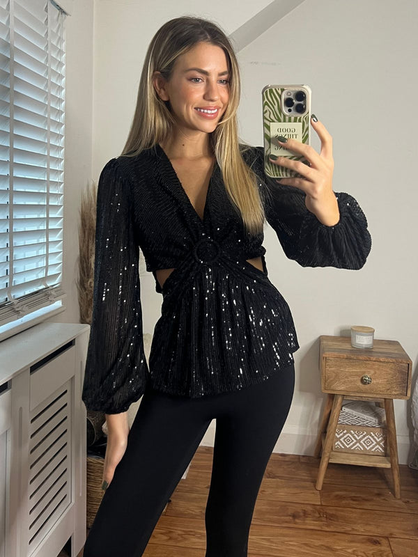 Talia Cut Out Top, Black Sequin