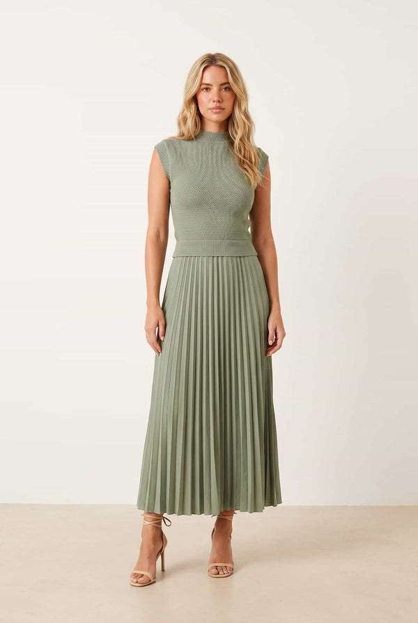 Sage Knit Pleated Skirt Dress