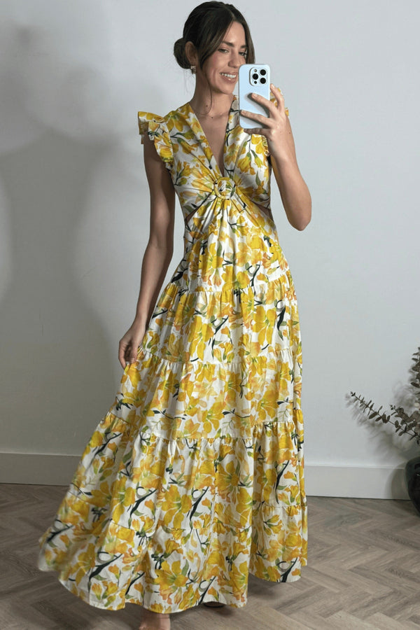 Indie Cut Out Frill Maxi Dress in Lemon Floral