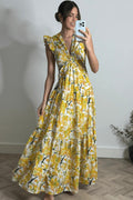 Indie Cut Out Frill Maxi Dress in Lemon Floral
