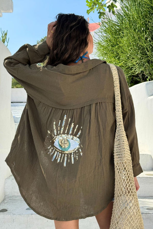 Cleo Eye Sequin Back Beach Shirt, Khaki