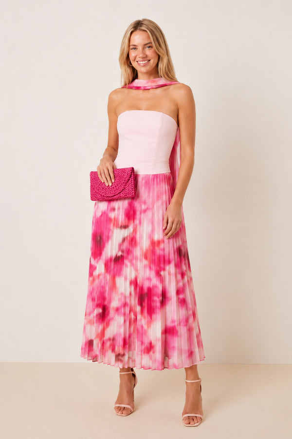 Viola Scarf Bandeau Pleat Dress in Pink