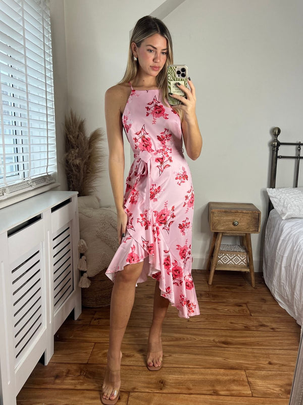 Ariana Halter Frill Dress, Blush Floral