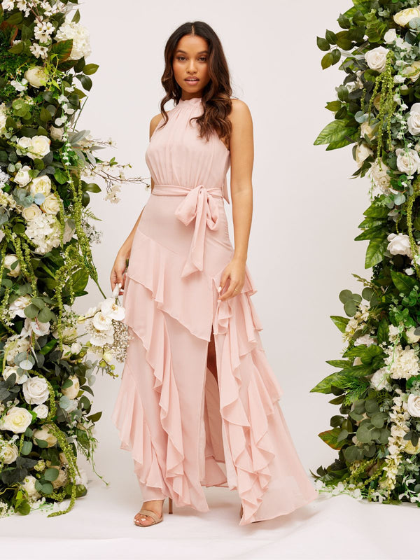 Frill High Neck Maxi Chiffon Dress, Blush