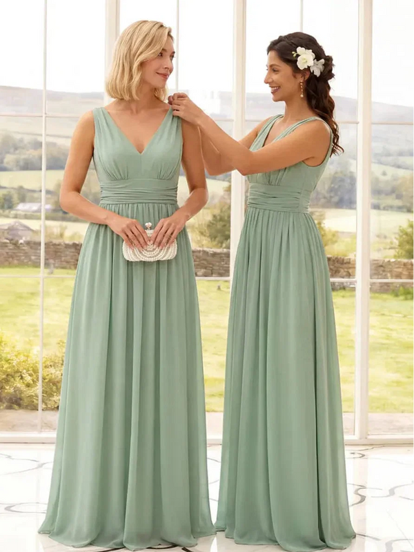 V Neck Sleeveless Pleated Chiffon Evening Dress (Final Sale)